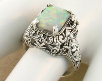 Vintage Estate Opal Solitaire Filigree Ring In 925 Solid Sterling Silver      758