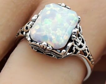 Vintage Estate Opal Solitaire Filigree Ring In 925 Solid Sterling Silver       1022