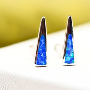 Tiny 925 Sterling Silver Blue Opal Unique Bar Stud Earrings, Rhodium Plated 12.4mm, Minimalist Everyday Jewelry, Perfect Birthday Gift 1840