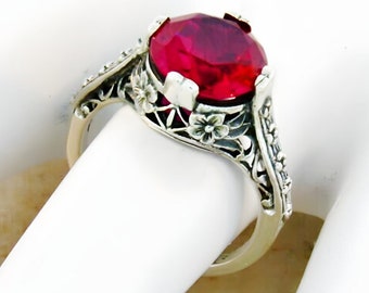 Ring Sizes 5 Through 12 Vintage 3.50 Carat Vivid Red Lab Ruby Solitaire Ring In 925 Sterling Silver Antique Design #184