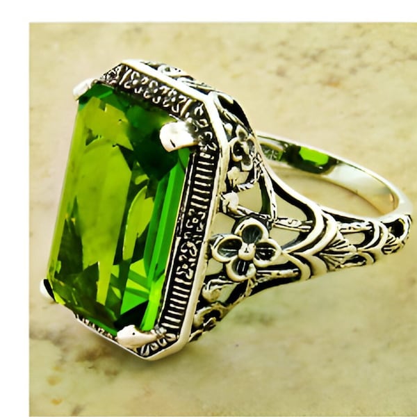 Vintage Estate 5.50 Carat Peridot Solitaire Filigree Ring In 925 Solid Sterling       1134