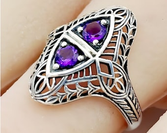 Vintage Natural Amethyst Filigree Ring: 925 Sterling Silver 874