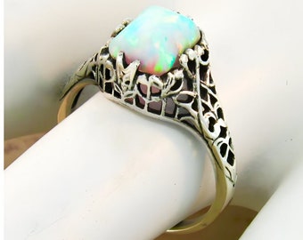 Vintage Estate Opal Solitaire Filigree Ring In 925 Solid Sterling Silver       773