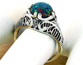 Vintage Estate Black Opal Solitaire Filigree Ring In 925 Solid Sterling Silver         706