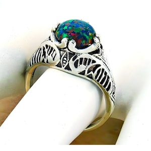 Vintage Black Opal Solitaire Filigree Ring In 925 Solid Sterling Silver         706