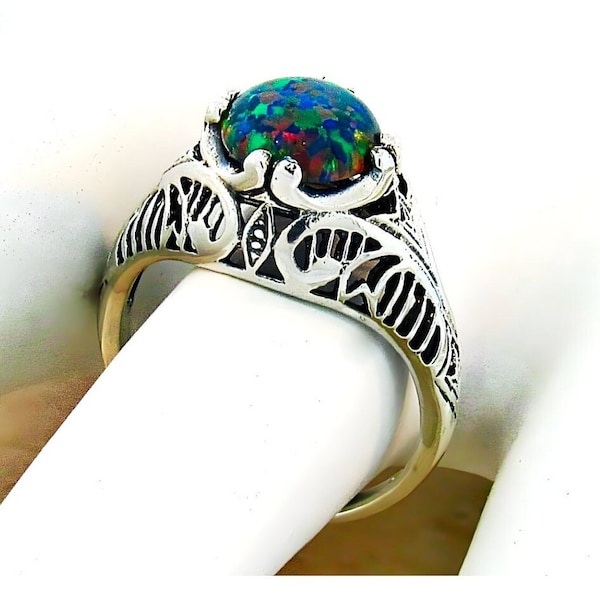 Vintage Black Opal Solitaire Filigree Ring In 925 Solid Sterling Silver         706