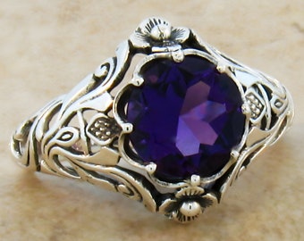 Vintage Estate "SCOTTISH THISTLE" 2.00 Carat Amethyst Solitaire Filigree Ring In 925 Solid Sterling Silver         356