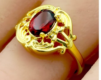 Vintage Natural Garnet Ring: 24K Gold Finish, 925 Sterling Silver, Genuine Gemstone Jewelry 1037