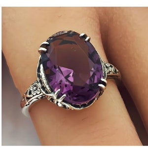 Vintage Solitaire Amethyst In 925 Solid Sterling Silver Ring 1341 image 1