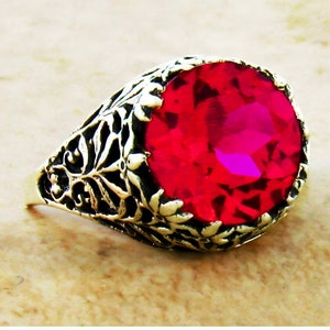 Vintage Estate 5.00 Carat Vivid Red Lab Ruby Solitaire Filigree Ring In 925 Solid Sterling Silver Antique Design        379