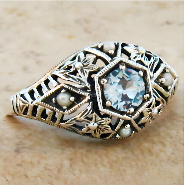 Ring Sizes 5 Through 12 Vintage Aquamarine & Freshwater Pearl Filigree Ring In 925 Solid Sterling Silver Antique Design #369