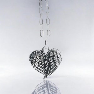 Angel Wings & Heart Pendant Necklace in 925 Sterling Silver, Optional 18&quot; Chain, Unique Jewelry Present, Sentimental Anniversary Gift 2028