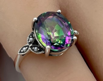 5.00 Carat Rainbow Quartz & Pearl Ring - 925 Sterling Silver - Solitaire With Accents - Vintage -      094