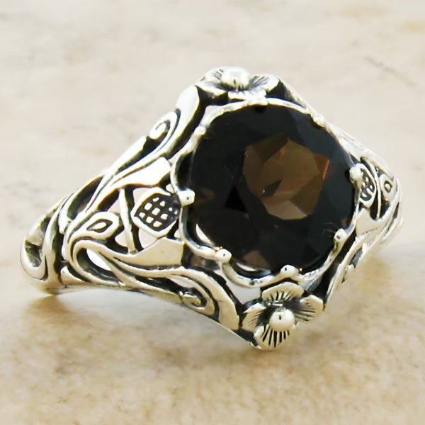 Vintage Estate "Scottish Thistle" Natural Smoky Quartz Solitaire Filigree Ring In 925 Solid Sterling Silver             099