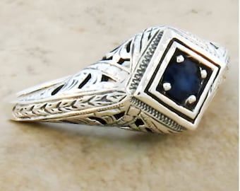 Vintage Estate Natural Sapphire Solitaire Filigree Ring In 925 Solid Sterling Silver                    059