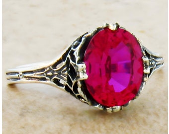 Vintage Estate Vivid Red Lab Ruby Solitaire Filigree Ring In 925 Solid Sterling Silver Antique Design           449