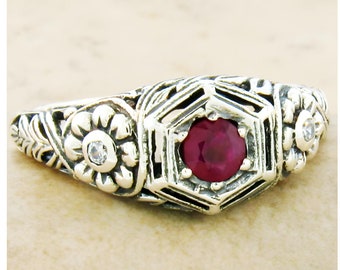 Vintage Estate Natural Ruby & Cubic Zirconia Filigree Ring In 925 Solid Sterling Silver       936