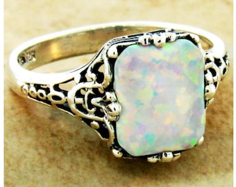 Ring Sizes 5 Through 10 Vintage Opal Solitaire Filigree Ring In 925 Solid Sterling Silver Antique Design #1022