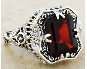 Vintage Estate 3.00 Carat Natural Garnet Solitaire Filigree Ring In 925 Solid Sterling Silver        265