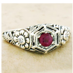 Vintage Estate Natural Ruby & Cubic Zirconia Filigree Ring In 925 Solid Sterling Silver       936