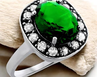 Vintage Sterling Silver Simulated Emerald Ring: Cubic Zirconia Halo 1210