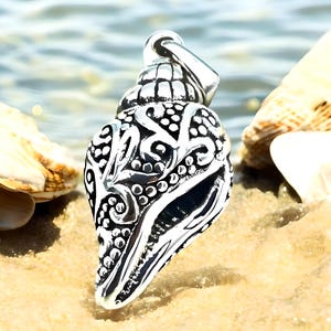 925 Sterling Silver Filigree Conch Shell Pendant Necklace: Beach Style Jewelry, Optional Adjustable Chain 1399