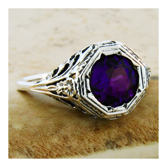 Vintage Amethyst Solitaire Ring: Filigree 925 Sterling Silver 068
