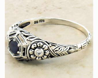 Vintage Natural Sapphire & Cubic Zirconia Filigree Ring In 925 Solid Sterling Silver        960