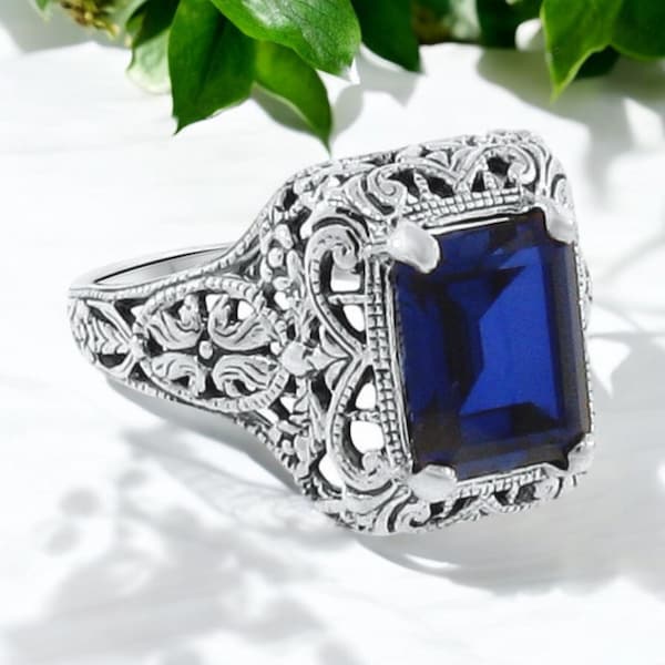 Anillo vintage de zafiro azul real de laboratorio de 4 quilates: filigrana de plata de ley 925 074