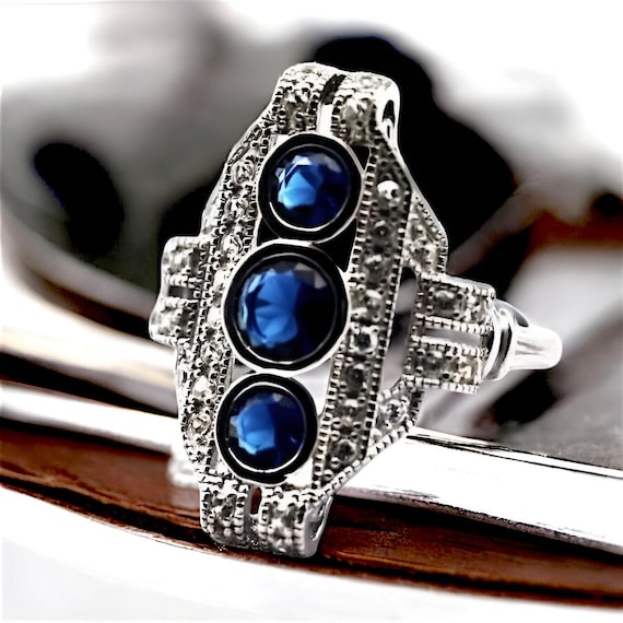 Vintage Royal Blue Sim. Sapphire Ring, 925 Sterli… - image 1