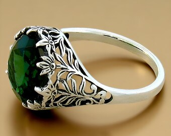 Vintage 3.50 Carat Green Sim. Emerald Filigree Ring 925 Sterling Silver May Birthstone 445