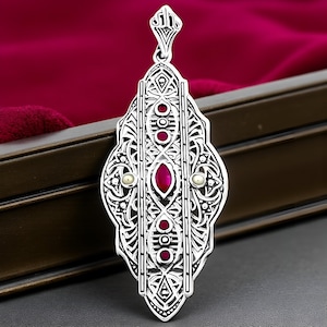 Vintage Natural Marquise Ruby & Pearl Filigree Pendant: 925 Sterling Silver  127