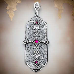 Vintage Natural Ruby & Freshwater Pearl Filigree Pendant: 925 Sterling Silver, Optional Adjustable Chain 154