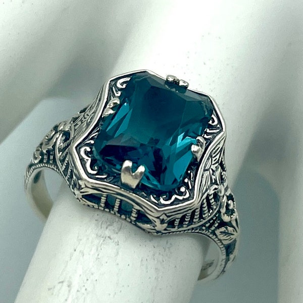 London Blue Topaz Ring, 925 Solid Sterling Silver, Filigree Solitaire, Gift For Her, December Birthstone, Vintage        #1285