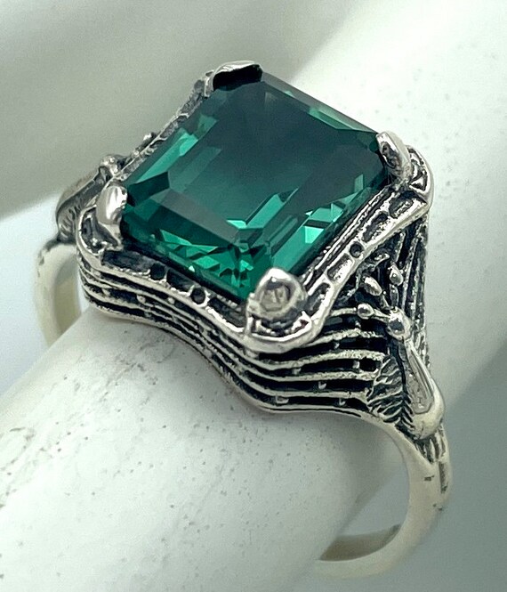 Emerald Statement Ring, Peacock Design, 925 Sterl… - image 4