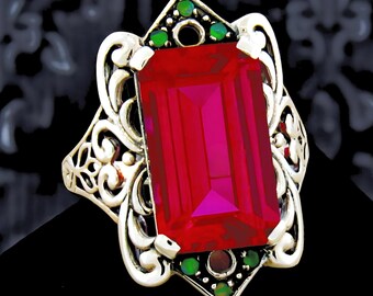 Vintage 9 Carat Lab Ruby & Green Fire Opal Ring: Filigree 925 Sterling Silver 493