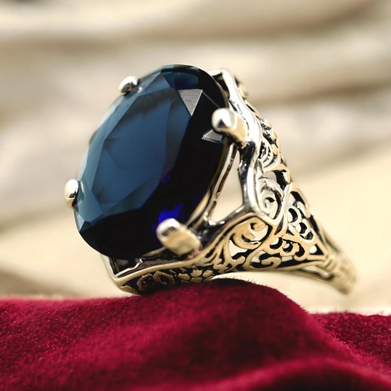 Vintage Royal Blue Simulated Sapphire Ring: 925 S… - image 1