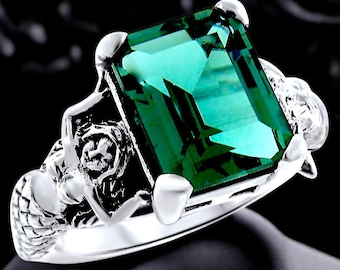 Vintage 3 Carat Sim. Emerald Mermaid Ring: 925 Sterling Silver Solitaire 828