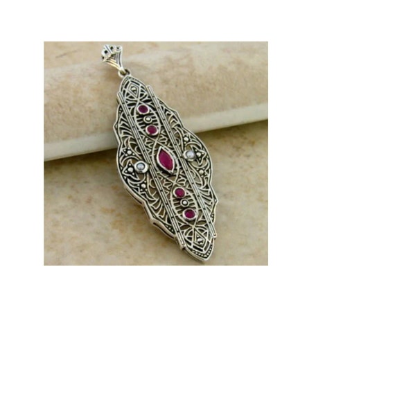 Vintage Estate Natural Ruby & Pearl Filigree Pend… - image 1