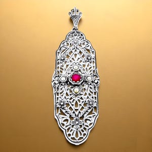 Vintage Natural Ruby & Pearl Filigree Pendant: 925 Sterling Silver Floral Design 016