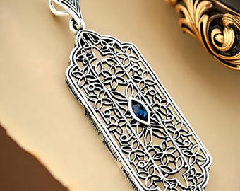 Vintage Natural London Blue Topaz Pendant: 925 Sterling Silver Filigree Floral Design 965