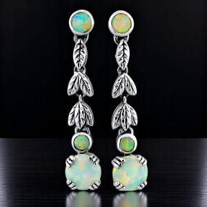 Vintage Opal 925 Sterling Silver Dangle Earrings: Filigree Leaf Design 665