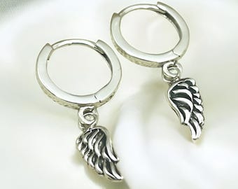 925 Sterling Silver Angel Wing Charm Hoop Earrings: Dainty Everyday Jewelry 2067