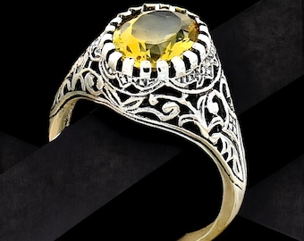 Vintage Natural Citrine Solitaire Ring: 925 Sterling Silver Filigree 781