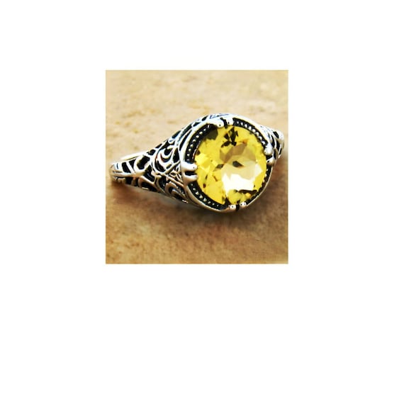 Vintage 2.00 Carat Natural Citrine Ring: 925 Sterling Silver Filigree 638