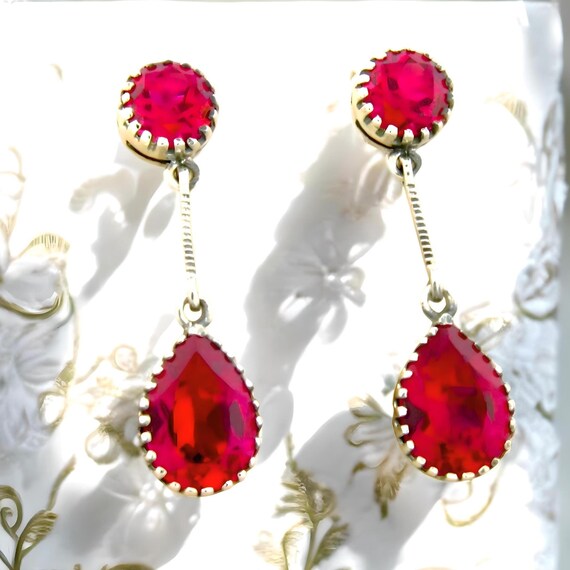 Vintage 6 Carat Lab Ruby Teardrop Earrings: 925 Sterling Silver 656