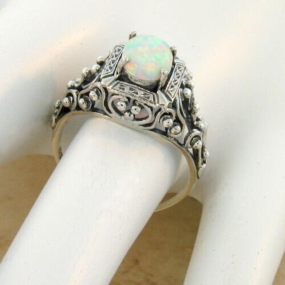 Vintage Estate Opal Solitaire Filigree Ring In 92… - image 1