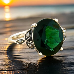 Ring Sizes 5 Through 12  Vintage 5 Carat Sim. Emerald & Freshwater Pearl Filigree Ring In 925 Solid Sterling Silver Antique Design #535