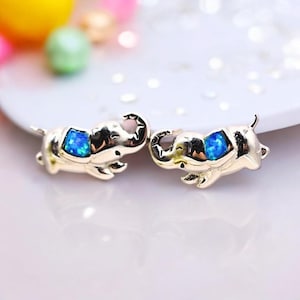 Tiny 925 Sterling Silver Blue Opal Elephant Stud Earrings,6mm Rhodium Plated Petite Animal Earrings,Thoughtful Gift for Elephant Lovers,1838