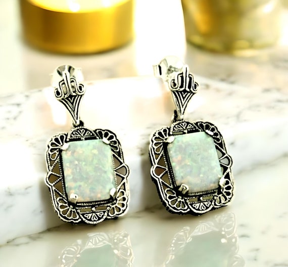 Sterling Silver Ethiopian Opal Filigree Earrings Sterling Silver Ethiopian Opal Filigree Earrings